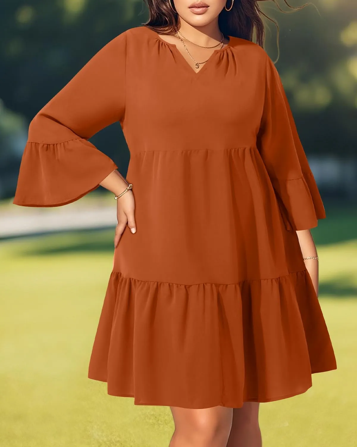 Pinup Fashion Plus Size Summer Dress - Casual Babydoll Tunic V Neck Short Ruffle Sleeve Tiered Dresses