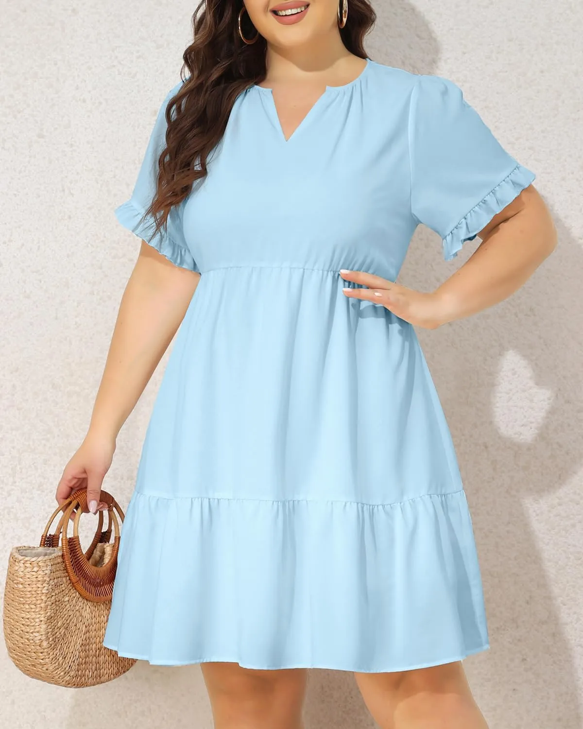 Pinup Fashion Plus Size Summer Dress - Casual Babydoll Tunic V Neck Short Ruffle Sleeve Tiered Dresses