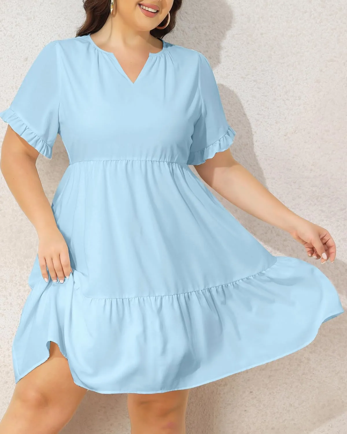 Pinup Fashion Plus Size Summer Dress - Casual Babydoll Tunic V Neck Short Ruffle Sleeve Tiered Dresses