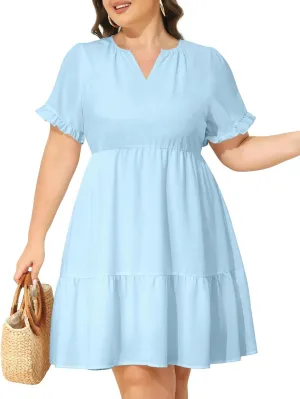 Pinup Fashion Plus Size Summer Dress - Casual Babydoll Tunic V Neck Short Ruffle Sleeve Tiered Dresses