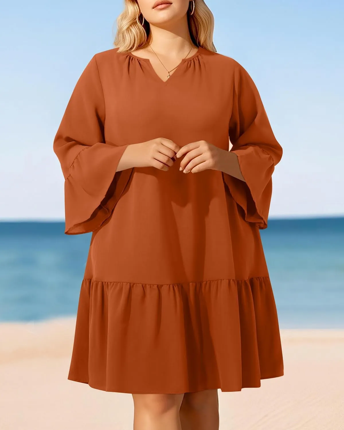Pinup Fashion Plus Size Summer Dress - Casual Babydoll Tunic V Neck Short Ruffle Sleeve Tiered Dresses