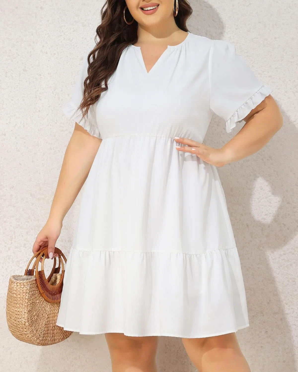 Pinup Fashion Plus Size Summer Dress - Casual Babydoll Tunic V Neck Short Ruffle Sleeve Tiered Dresses