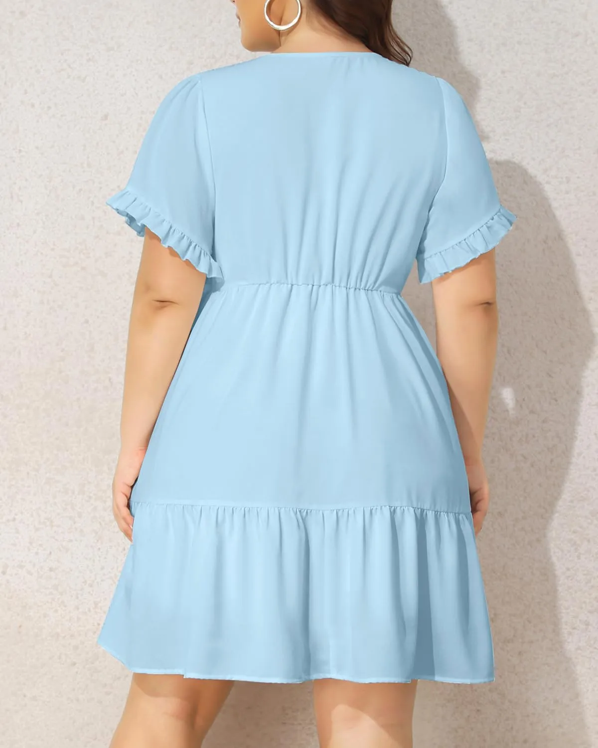 Pinup Fashion Plus Size Summer Dress - Casual Babydoll Tunic V Neck Short Ruffle Sleeve Tiered Dresses
