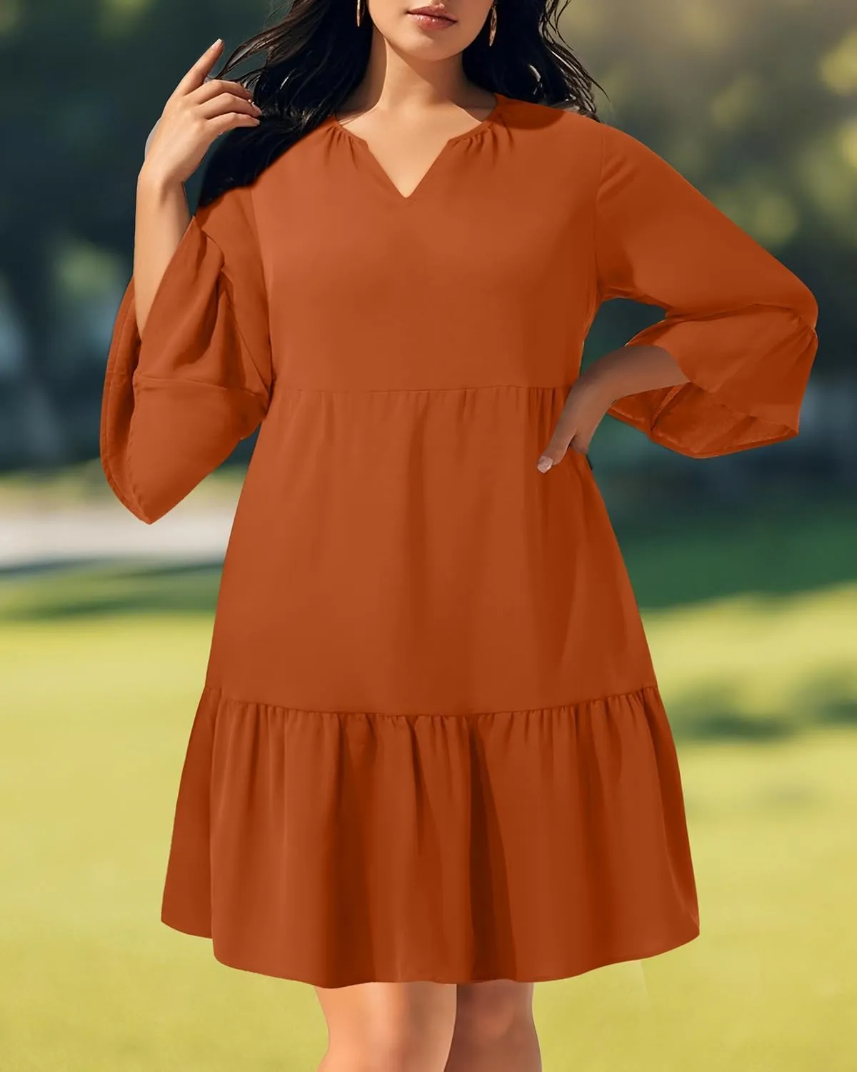 Pinup Fashion Plus Size Summer Dress - Casual Babydoll Tunic V Neck Short Ruffle Sleeve Tiered Dresses