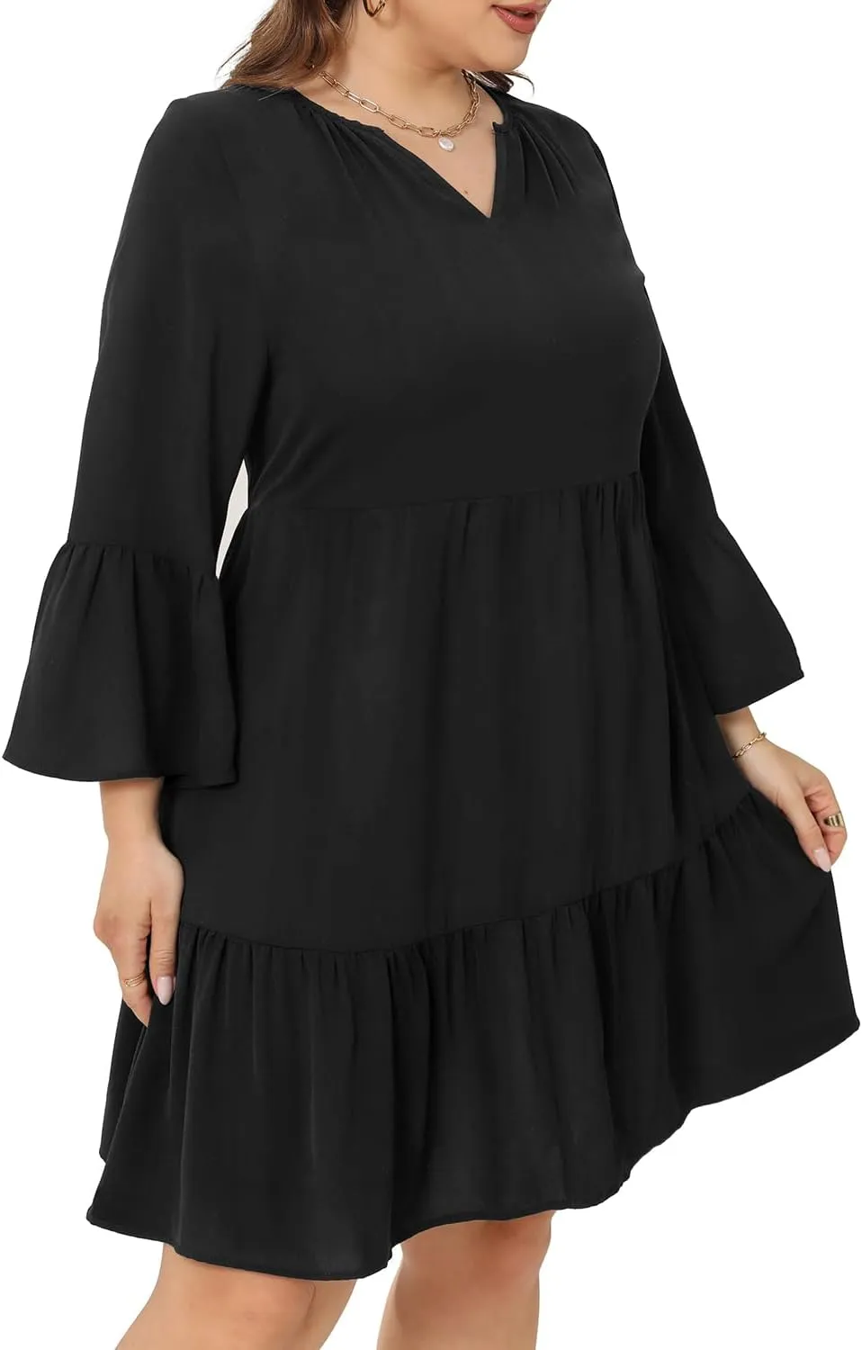 Pinup Fashion Plus Size Summer Dress - Casual Babydoll Tunic V Neck Short Ruffle Sleeve Tiered Dresses