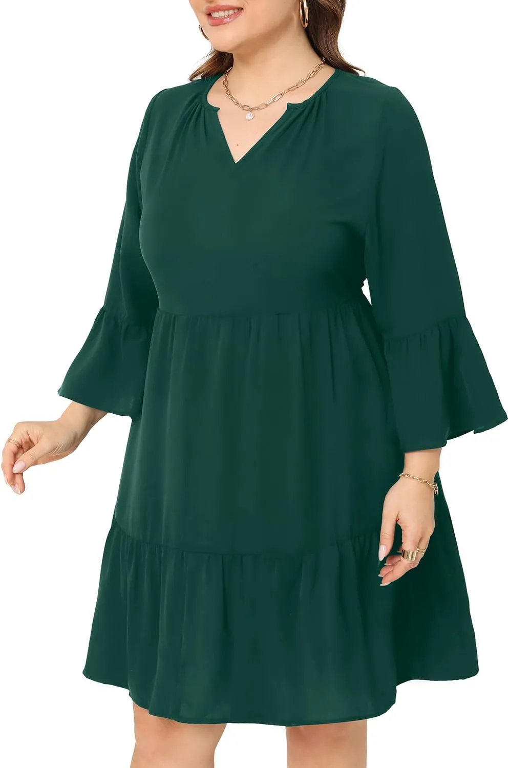 Pinup Fashion Plus Size Summer Dress - Casual Babydoll Tunic V Neck Short Ruffle Sleeve Tiered Dresses