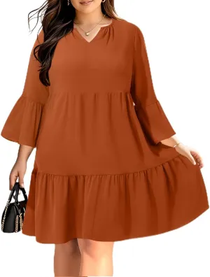 Pinup Fashion Plus Size Summer Dress - Casual Babydoll Tunic V Neck Short Ruffle Sleeve Tiered Dresses