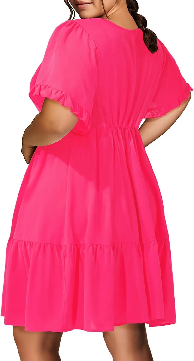 Pinup Fashion Plus Size Summer Dress - Casual Babydoll Tunic V Neck Short Ruffle Sleeve Tiered Dresses