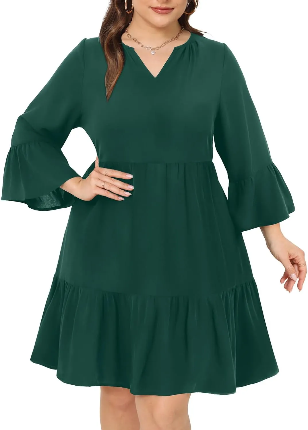 Pinup Fashion Plus Size Summer Dress - Casual Babydoll Tunic V Neck Short Ruffle Sleeve Tiered Dresses