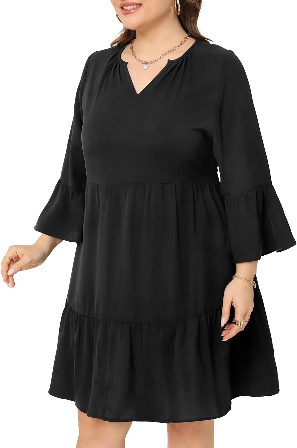 Pinup Fashion Plus Size Summer Dress - Casual Babydoll Tunic V Neck Short Ruffle Sleeve Tiered Dresses