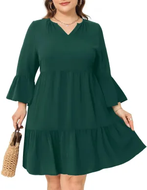 Pinup Fashion Plus Size Summer Dress - Casual Babydoll Tunic V Neck Short Ruffle Sleeve Tiered Dresses