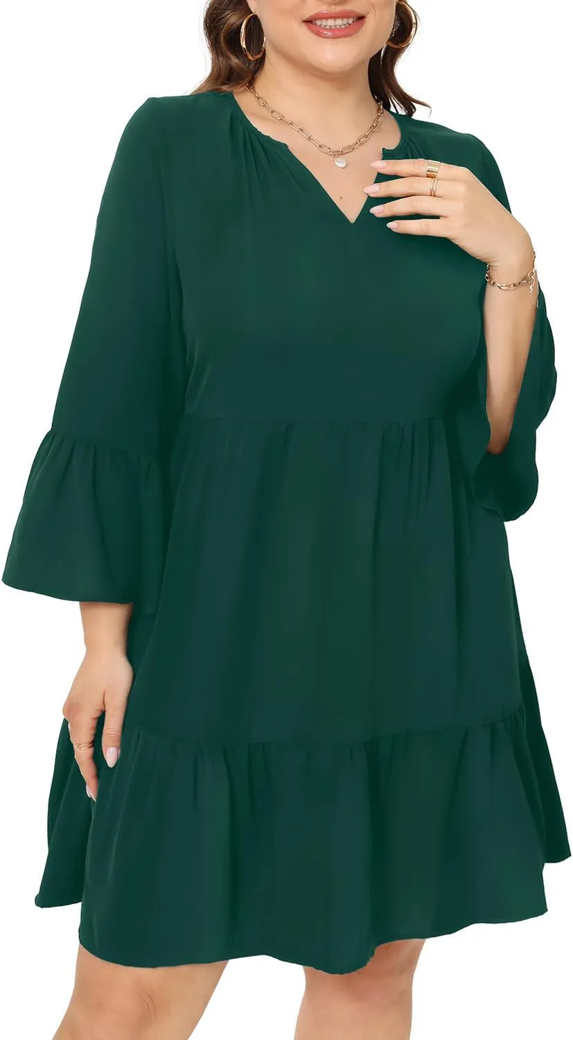 Pinup Fashion Plus Size Summer Dress - Casual Babydoll Tunic V Neck Short Ruffle Sleeve Tiered Dresses
