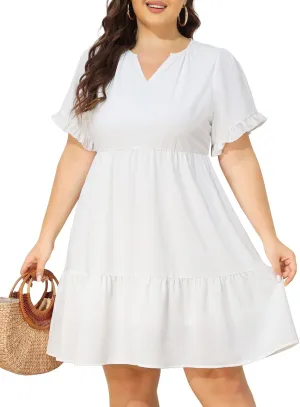 Pinup Fashion Plus Size Summer Dress - Casual Babydoll Tunic V Neck Short Ruffle Sleeve Tiered Dresses