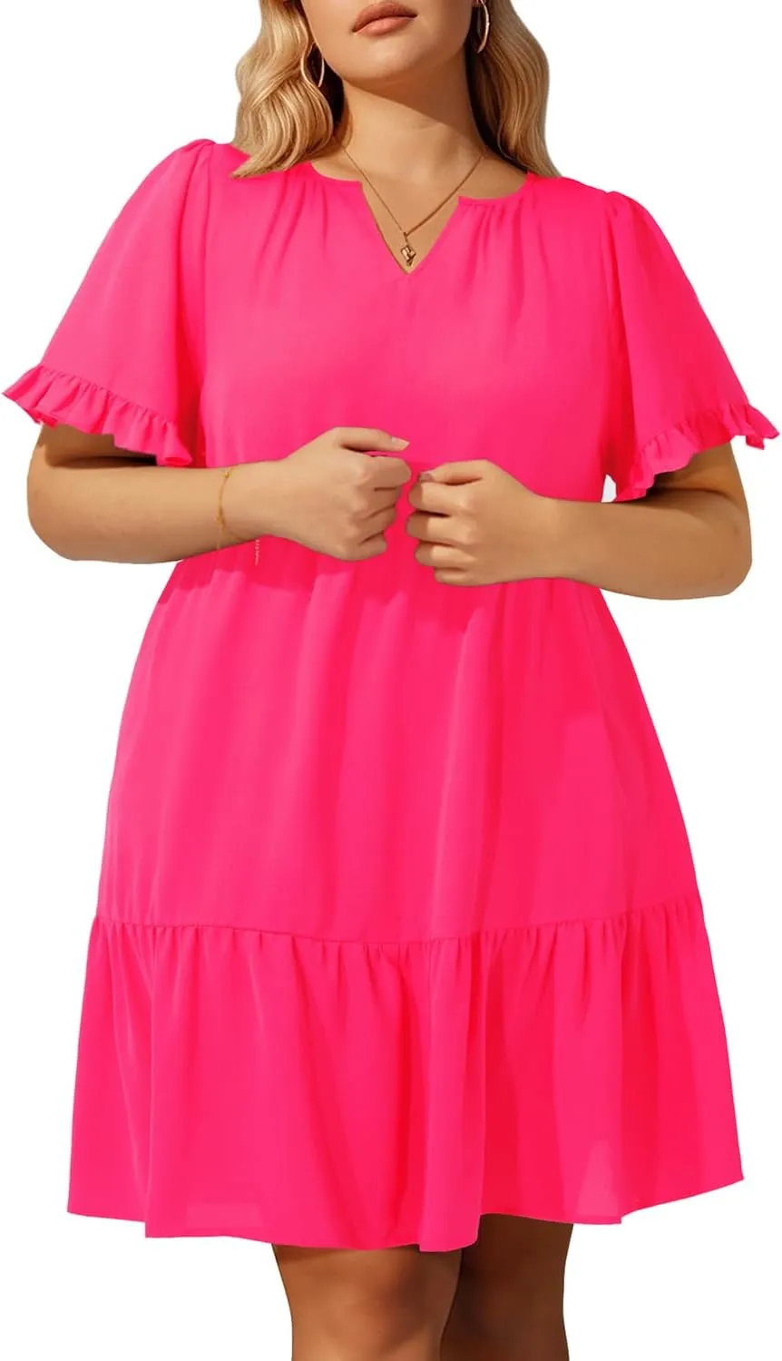 Pinup Fashion Plus Size Summer Dress - Casual Babydoll Tunic V Neck Short Ruffle Sleeve Tiered Dresses