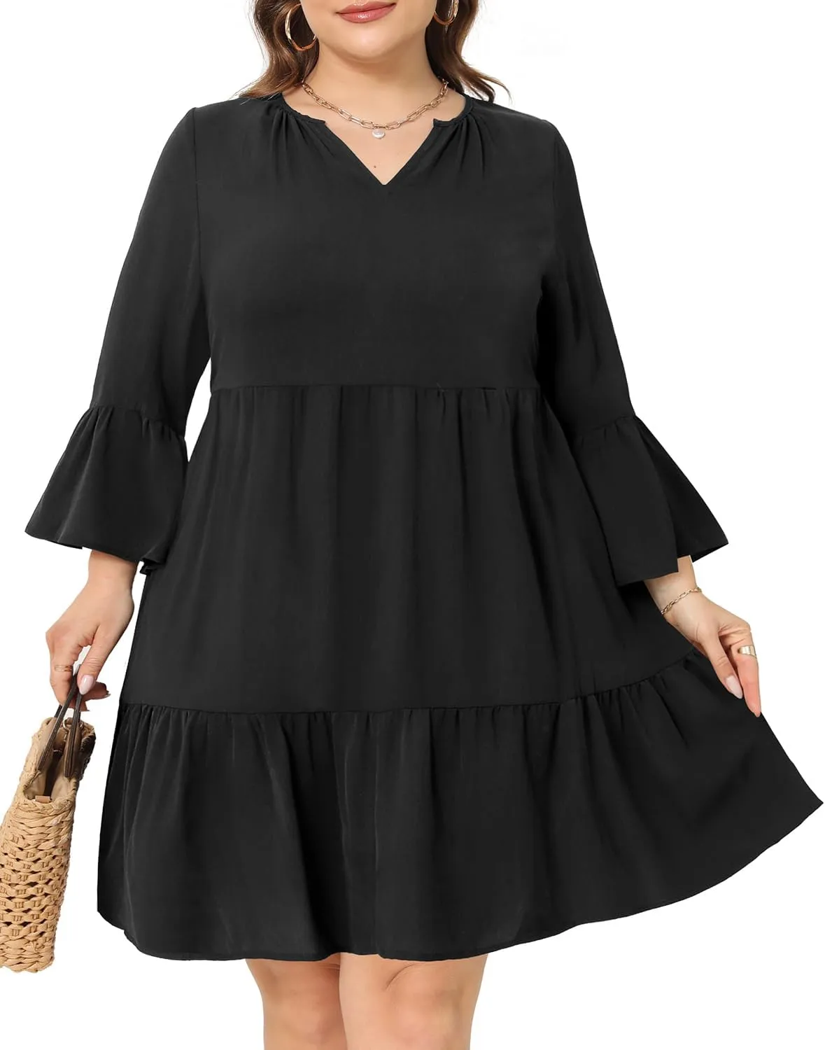 Pinup Fashion Plus Size Summer Dress - Casual Babydoll Tunic V Neck Short Ruffle Sleeve Tiered Dresses