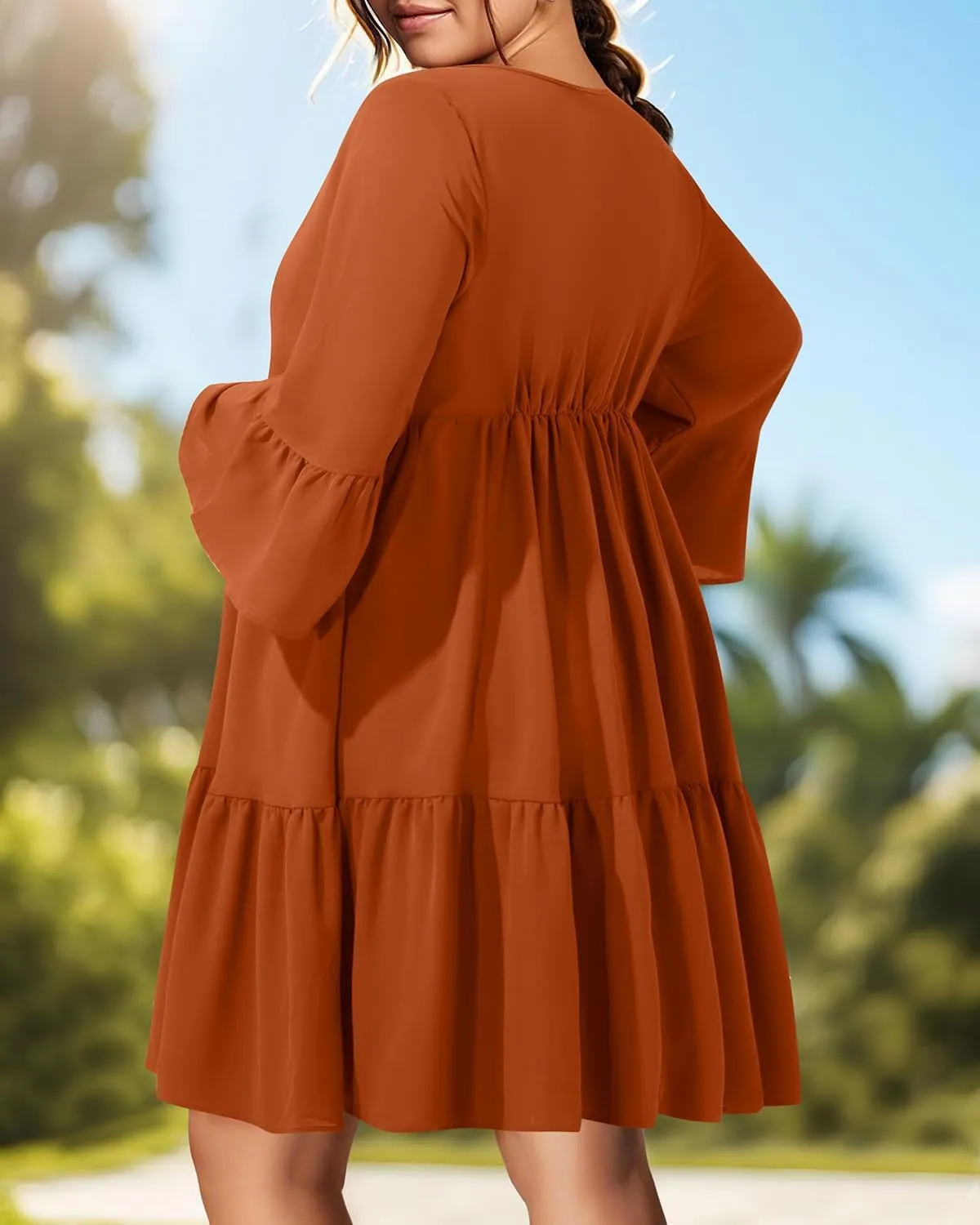 Pinup Fashion Plus Size Summer Dress - Casual Babydoll Tunic V Neck Short Ruffle Sleeve Tiered Dresses
