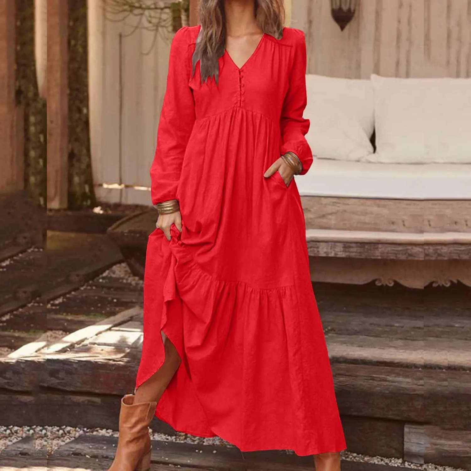 Plus Size Womens Dresses Long Sleeve V Neck 1/4 Button Tiered Ruffle Maxi Dress Trendy Spring Casual Linen Sundress