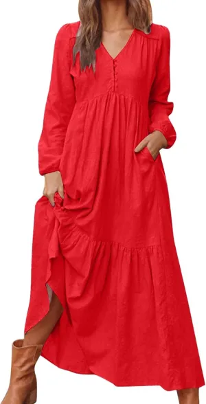 Plus Size Womens Dresses Long Sleeve V Neck 1/4 Button Tiered Ruffle Maxi Dress Trendy Spring Casual Linen Sundress