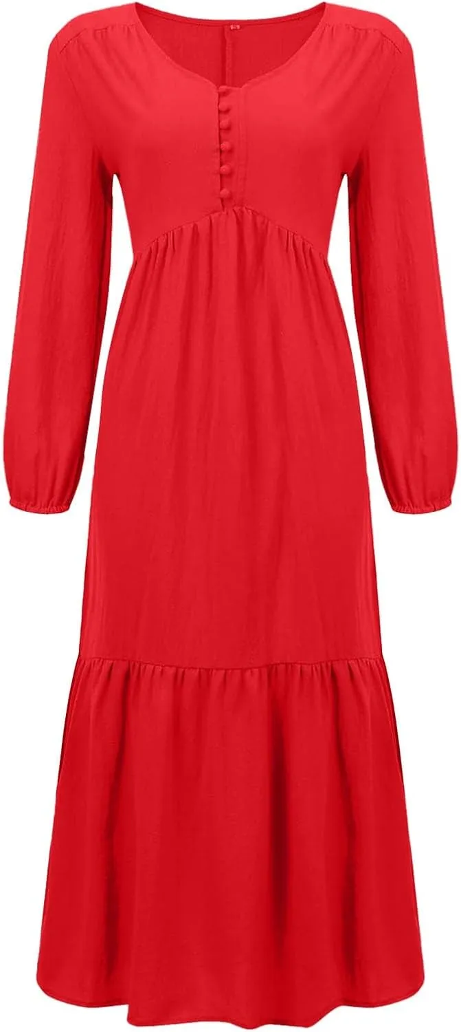 Plus Size Womens Dresses Long Sleeve V Neck 1/4 Button Tiered Ruffle Maxi Dress Trendy Spring Casual Linen Sundress