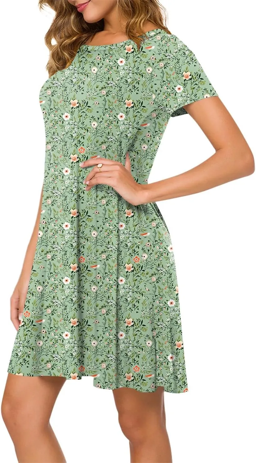 POPYOUNG 2025 Women's Summer Casual T-Shirt Dresses Crew Neck Beach Cover Up Sun Dress