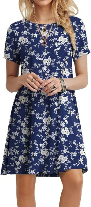 POPYOUNG 2025 Women's Summer Casual T-Shirt Dresses Crew Neck Beach Cover Up Sun Dress
