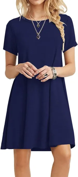 POPYOUNG 2025 Women's Summer Casual T-Shirt Dresses Crew Neck Beach Cover Up Sun Dress