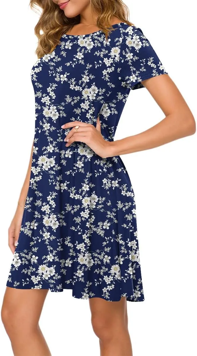 POPYOUNG 2025 Women's Summer Casual T-Shirt Dresses Crew Neck Beach Cover Up Sun Dress