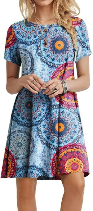 POPYOUNG 2025 Women's Summer Casual T-Shirt Dresses Crew Neck Beach Cover Up Sun Dress