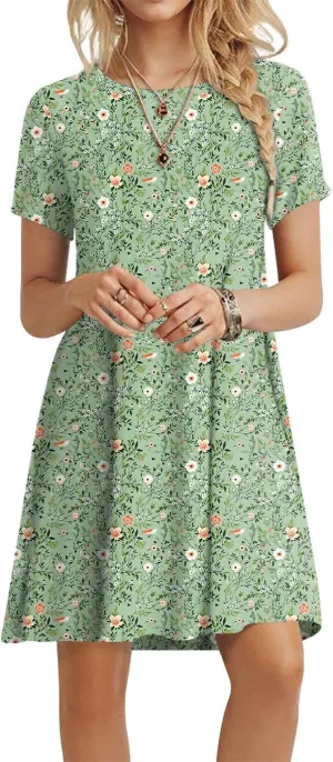 POPYOUNG 2025 Women's Summer Casual T-Shirt Dresses Crew Neck Beach Cover Up Sun Dress