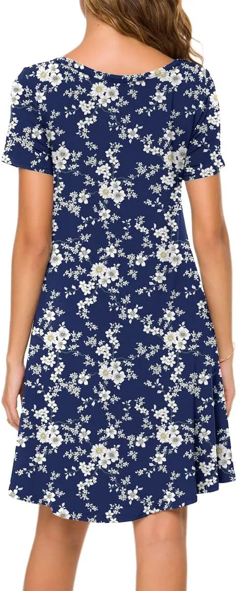 POPYOUNG 2025 Women's Summer Casual T-Shirt Dresses Crew Neck Beach Cover Up Sun Dress