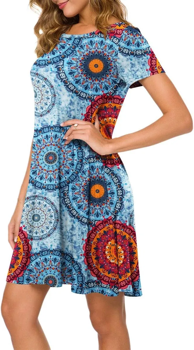 POPYOUNG 2025 Women's Summer Casual T-Shirt Dresses Crew Neck Beach Cover Up Sun Dress