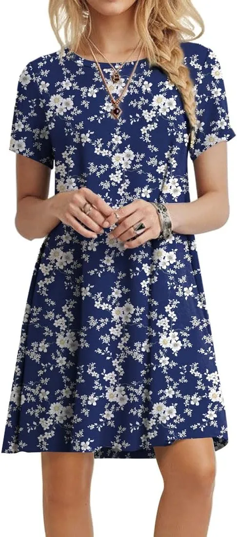 POPYOUNG 2025 Women's Summer Casual T-Shirt Dresses Crew Neck Beach Cover Up Sun Dress