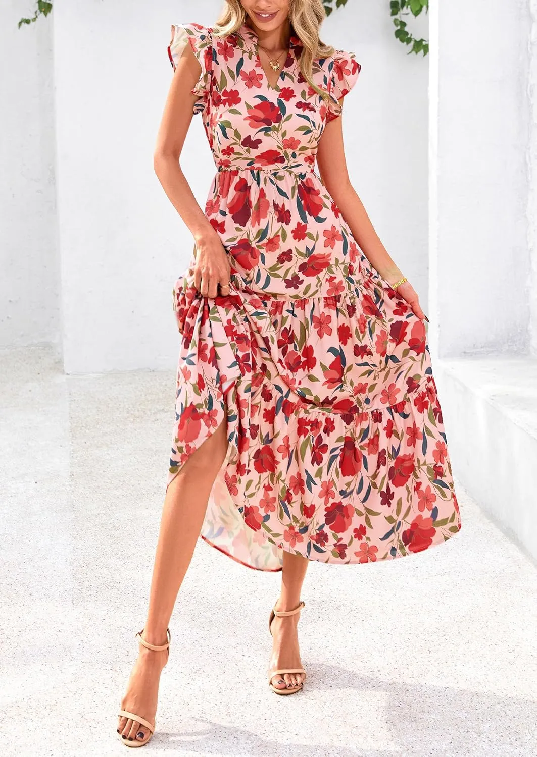 PRETTYGARDEN Women's 2025 Summer Floral Midi Dress Cap Sleeve V Neck Ruffle Long Flowy Boho Casual Beach Vacation Dresses