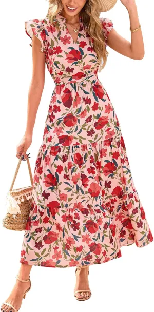 PRETTYGARDEN Women's 2025 Summer Floral Midi Dress Cap Sleeve V Neck Ruffle Long Flowy Boho Casual Beach Vacation Dresses