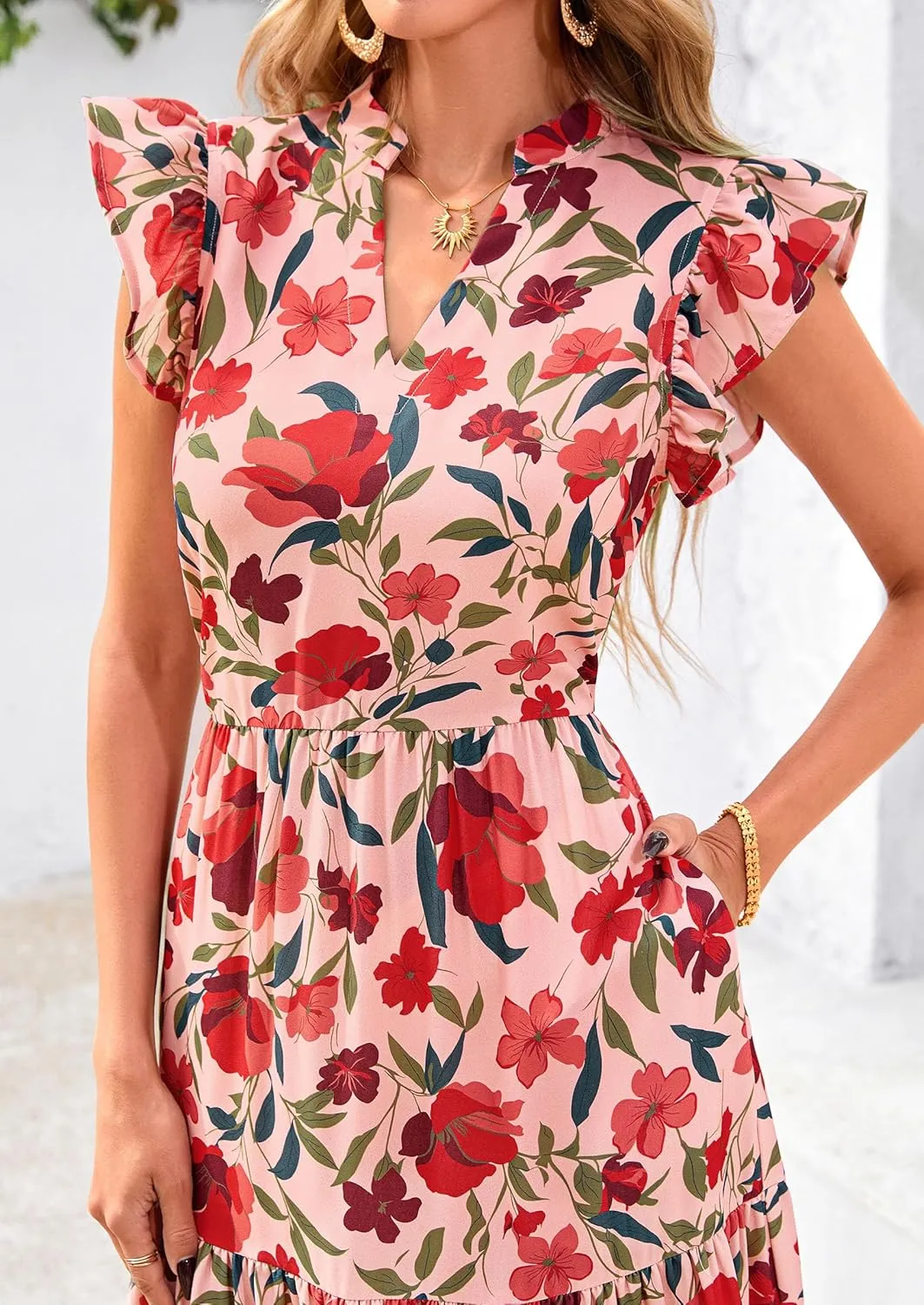 PRETTYGARDEN Women's 2025 Summer Floral Midi Dress Cap Sleeve V Neck Ruffle Long Flowy Boho Casual Beach Vacation Dresses