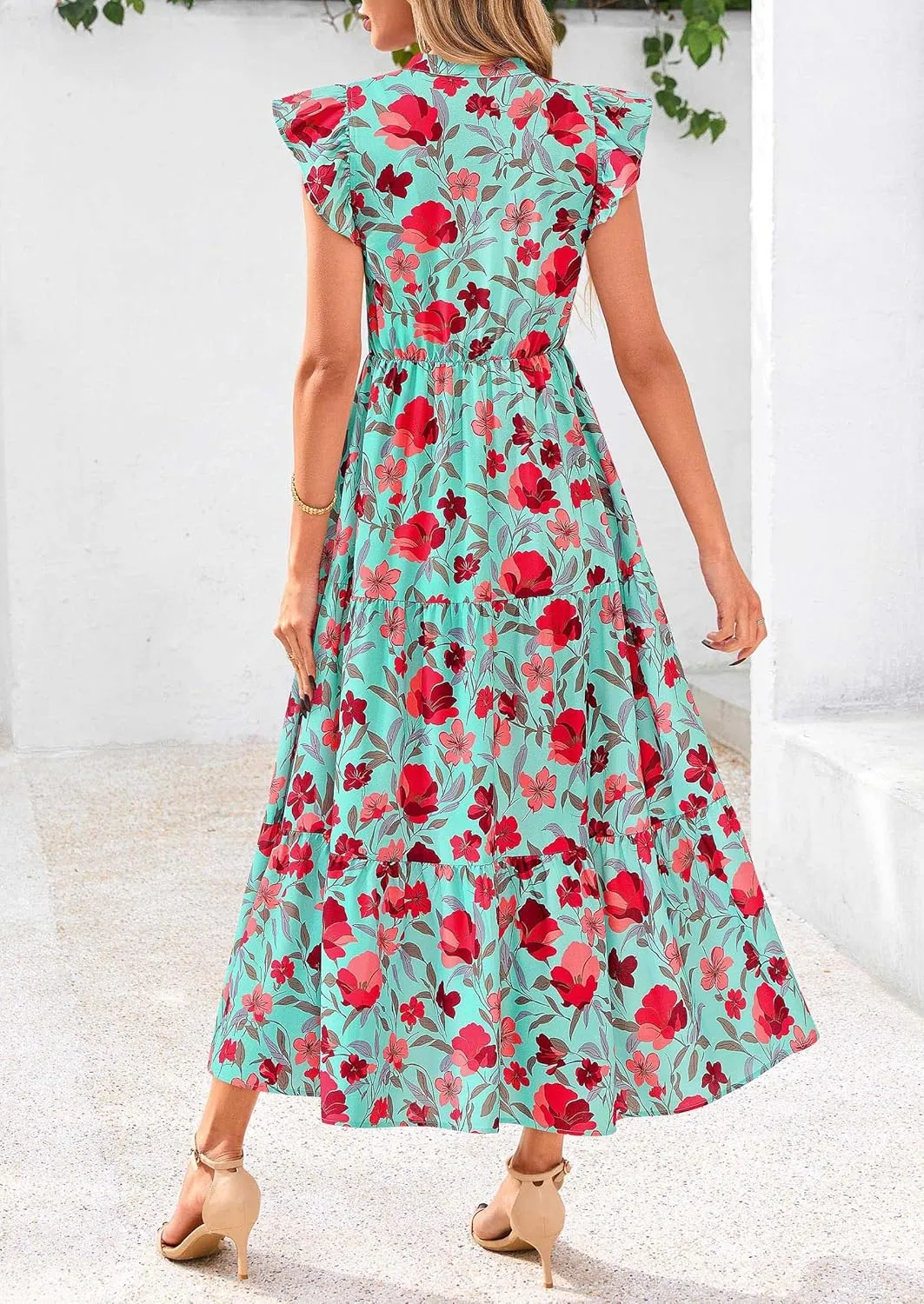 PRETTYGARDEN Women's 2025 Summer Floral Midi Dress Cap Sleeve V Neck Ruffle Long Flowy Boho Casual Beach Vacation Dresses