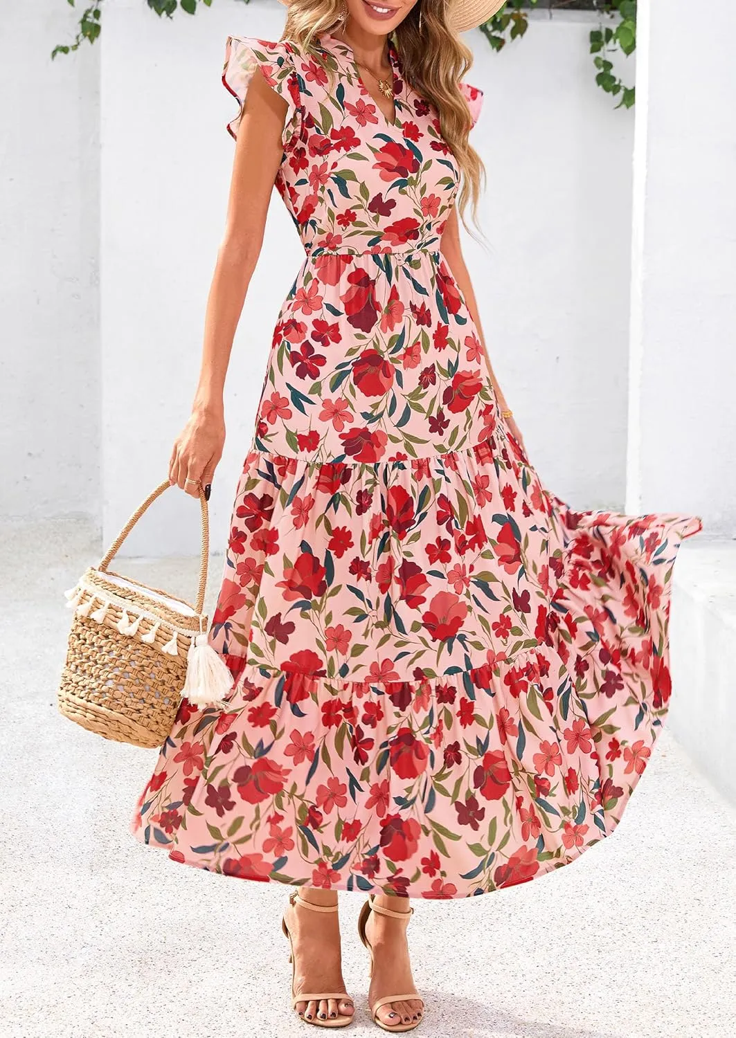 PRETTYGARDEN Women's 2025 Summer Floral Midi Dress Cap Sleeve V Neck Ruffle Long Flowy Boho Casual Beach Vacation Dresses