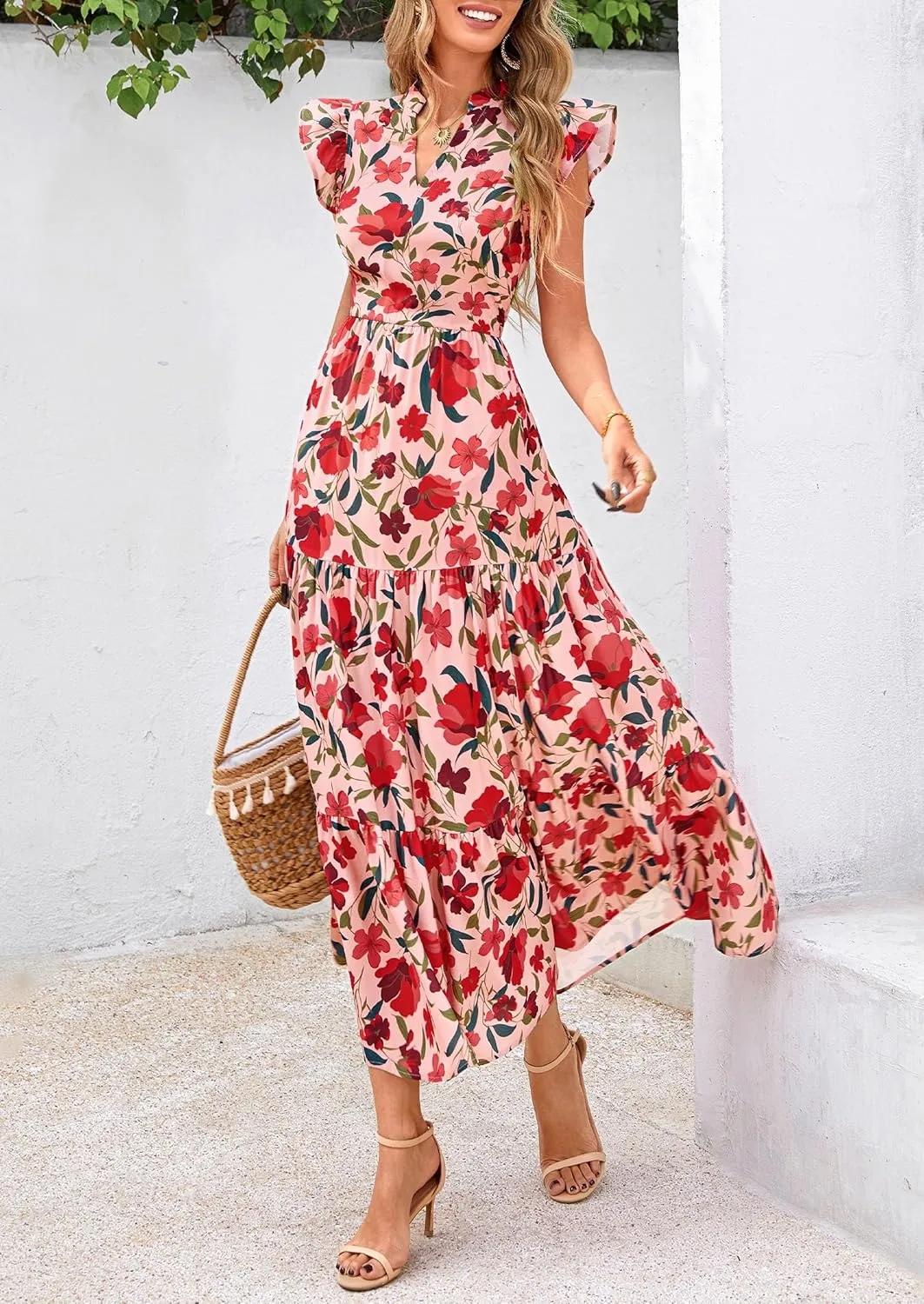 PRETTYGARDEN Women's 2025 Summer Floral Midi Dress Cap Sleeve V Neck Ruffle Long Flowy Boho Casual Beach Vacation Dresses