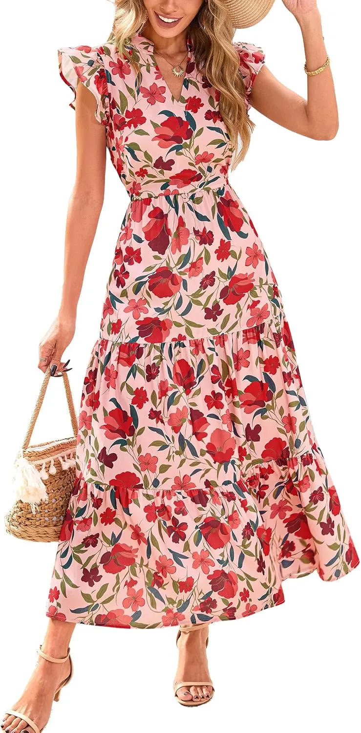 PRETTYGARDEN Women's 2025 Summer Floral Midi Dress Cap Sleeve V Neck Ruffle Long Flowy Boho Casual Beach Vacation Dresses