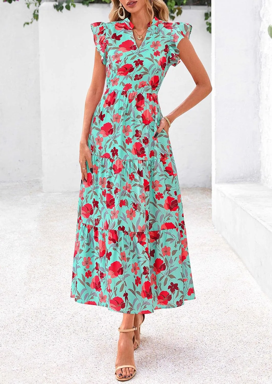 PRETTYGARDEN Women's 2025 Summer Floral Midi Dress Cap Sleeve V Neck Ruffle Long Flowy Boho Casual Beach Vacation Dresses