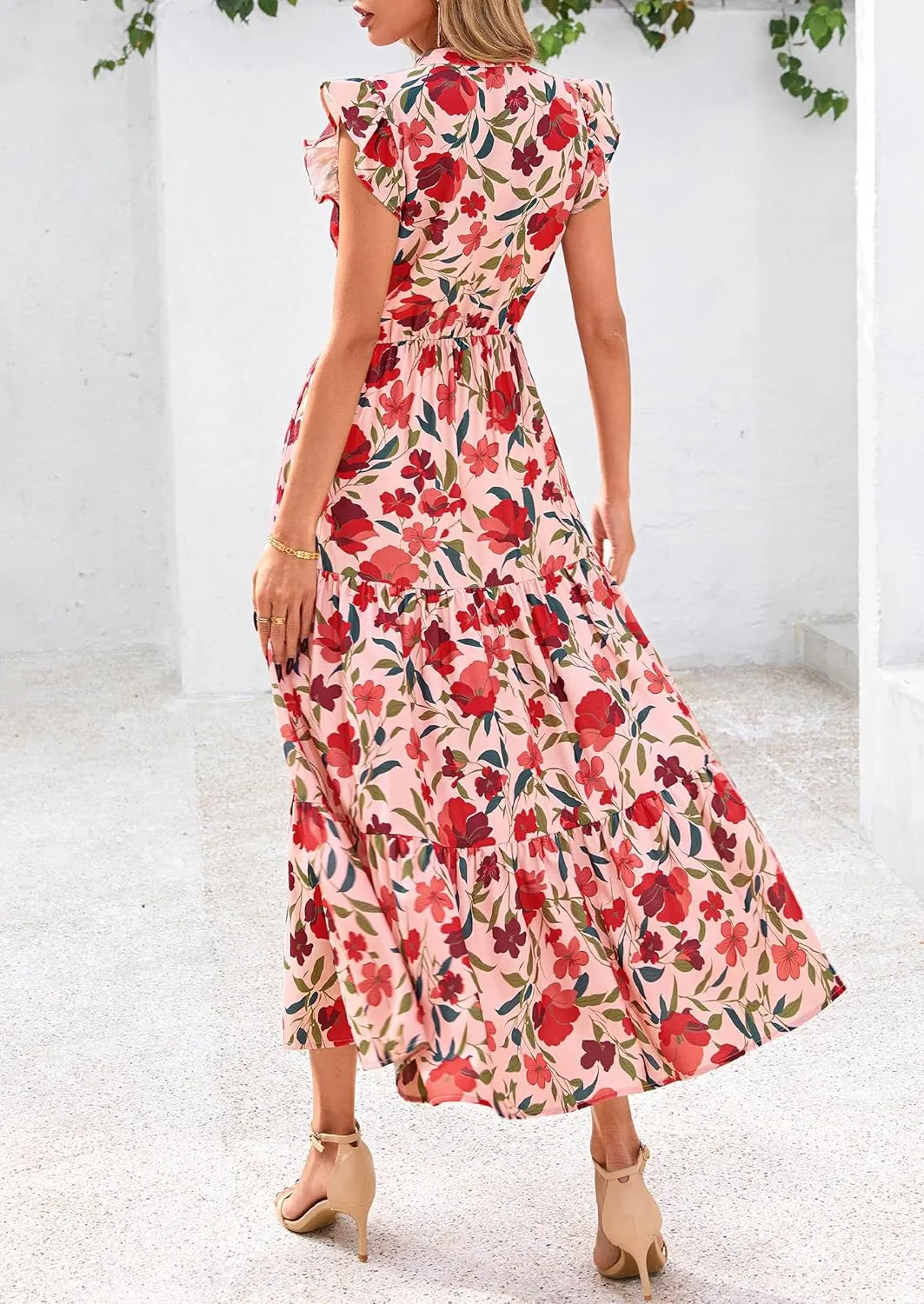 PRETTYGARDEN Women's 2025 Summer Floral Midi Dress Cap Sleeve V Neck Ruffle Long Flowy Boho Casual Beach Vacation Dresses