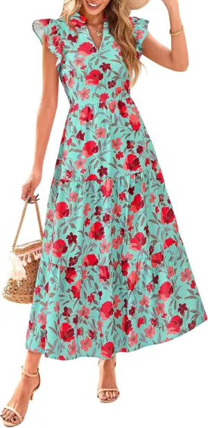 PRETTYGARDEN Women's 2025 Summer Floral Midi Dress Cap Sleeve V Neck Ruffle Long Flowy Boho Casual Beach Vacation Dresses