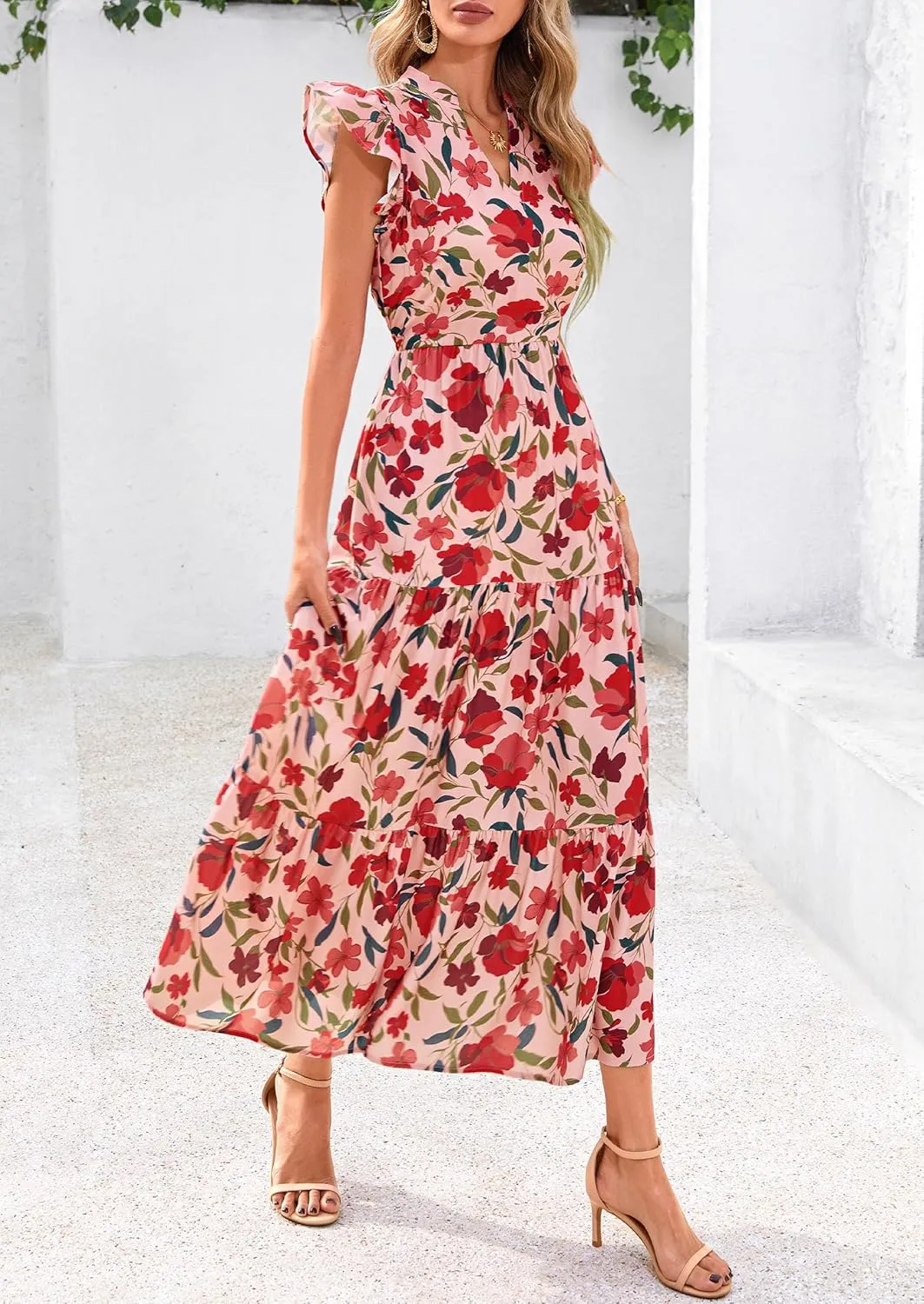 PRETTYGARDEN Women's 2025 Summer Floral Midi Dress Cap Sleeve V Neck Ruffle Long Flowy Boho Casual Beach Vacation Dresses
