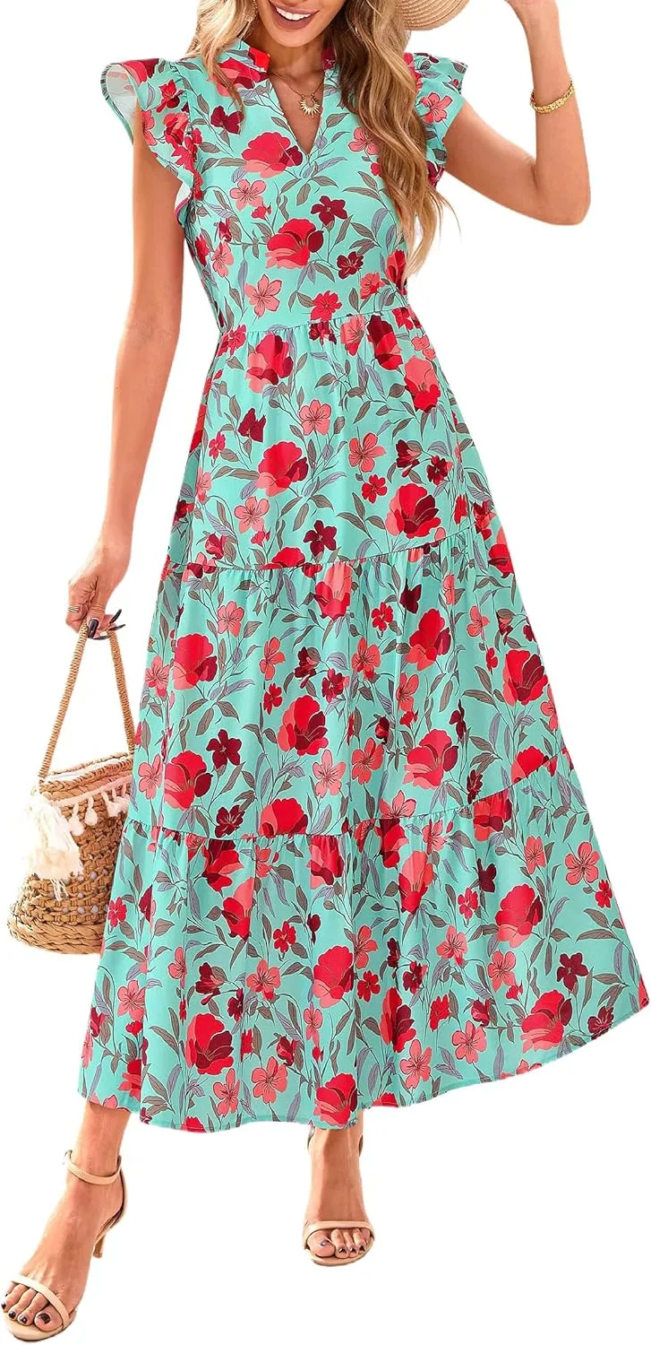 PRETTYGARDEN Women's 2025 Summer Floral Midi Dress Cap Sleeve V Neck Ruffle Long Flowy Boho Casual Beach Vacation Dresses