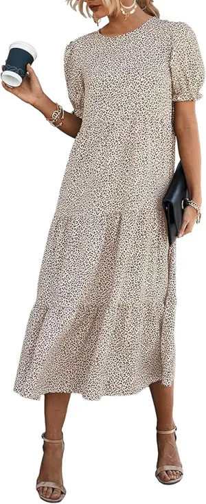 PRETTYGARDEN Women's Summer Casual Floral Boho Dress Puff Short Sleeve Ruffle Flowy Beach Party Midi Dresses