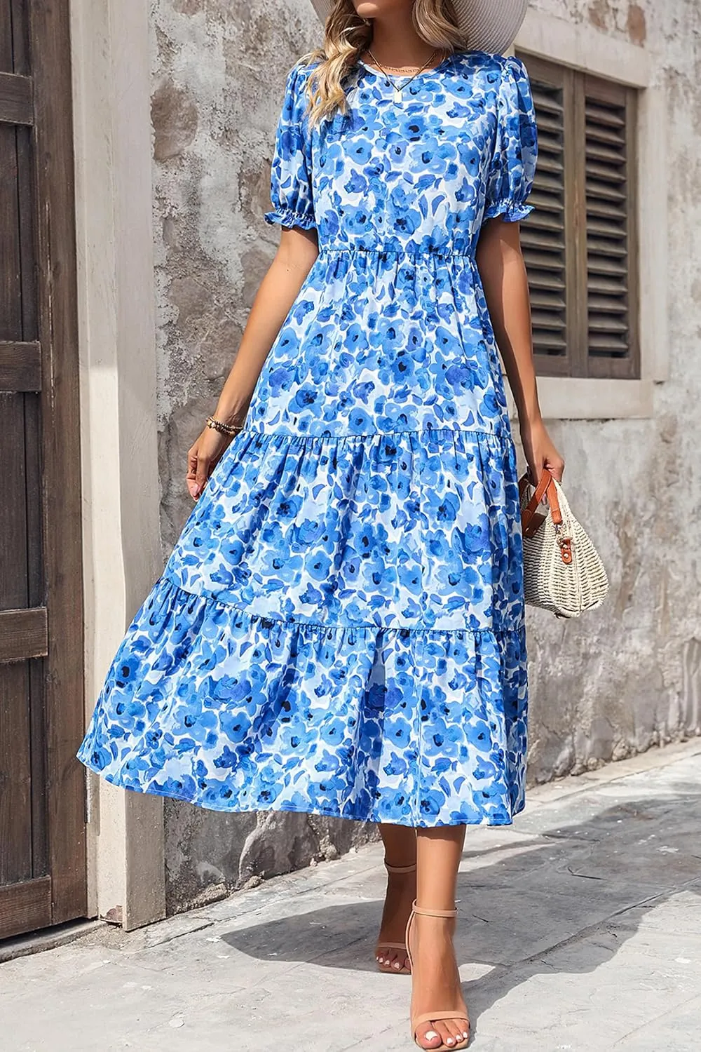 PRETTYGARDEN Women's Summer Casual Floral Boho Dress Puff Short Sleeve Ruffle Flowy Beach Party Midi Dresses