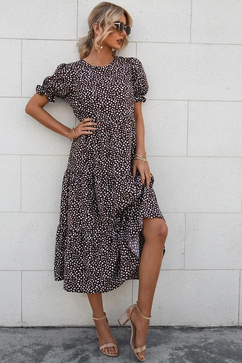 PRETTYGARDEN Women's Summer Casual Floral Boho Dress Puff Short Sleeve Ruffle Flowy Beach Party Midi Dresses