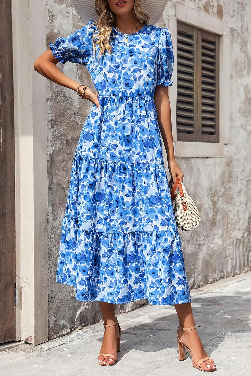 PRETTYGARDEN Women's Summer Casual Floral Boho Dress Puff Short Sleeve Ruffle Flowy Beach Party Midi Dresses