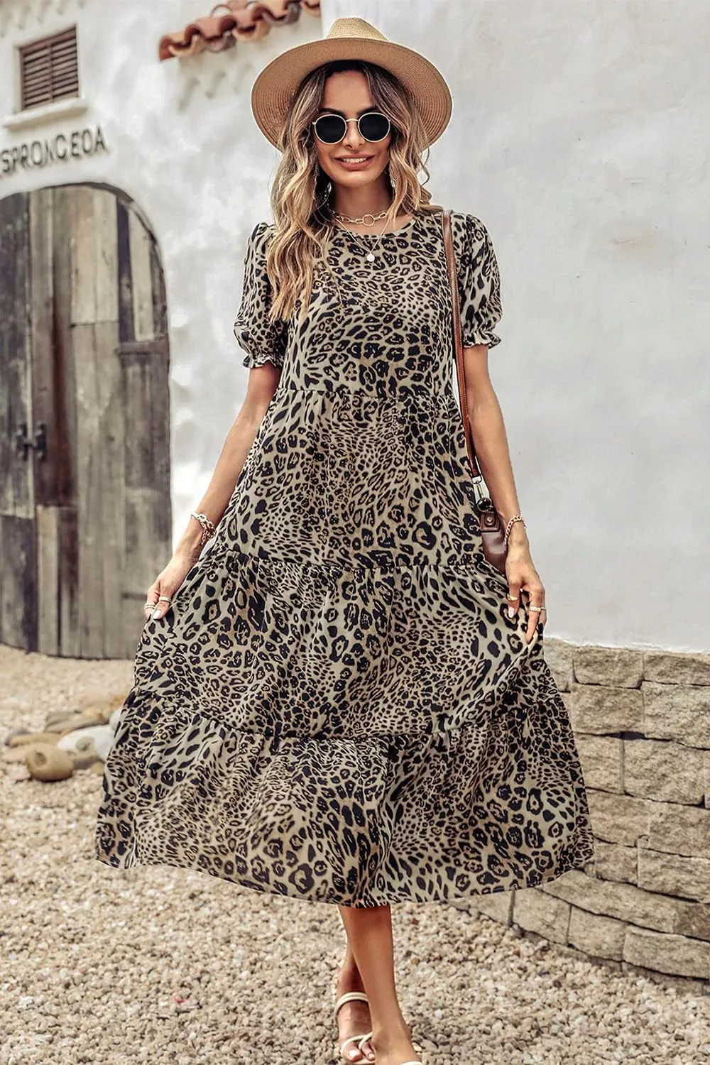 PRETTYGARDEN Women's Summer Casual Floral Boho Dress Puff Short Sleeve Ruffle Flowy Beach Party Midi Dresses