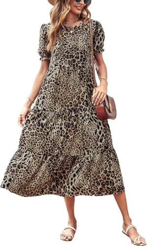 PRETTYGARDEN Women's Summer Casual Floral Boho Dress Puff Short Sleeve Ruffle Flowy Beach Party Midi Dresses